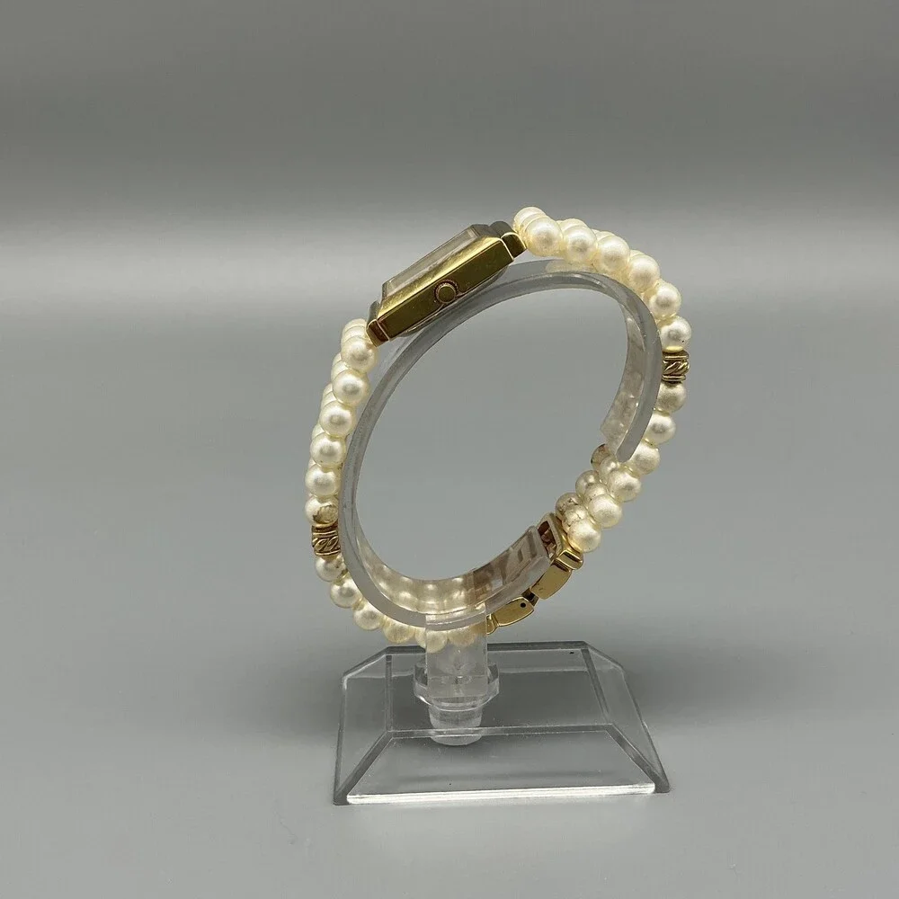 Gruen Womens Watch 22mm Square MOP Faux Pearl Band Gold Tone New Battey 7.25